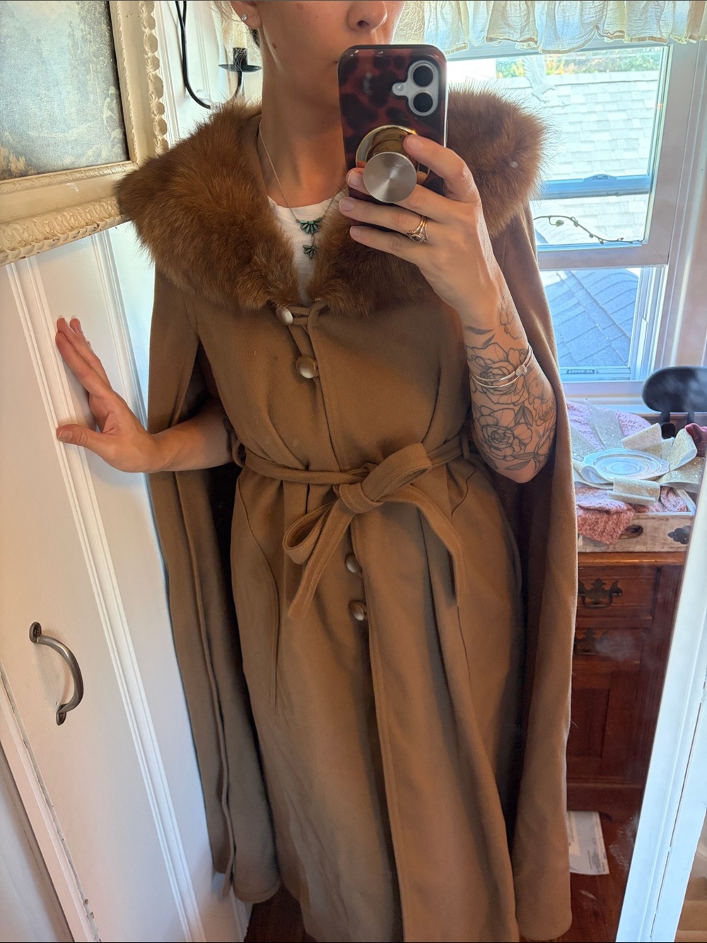 Brown Real Fur Collar Vintage Cape Coat